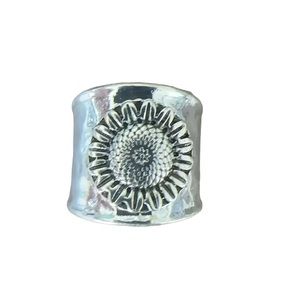 Boho Hammered Silver Ring with Silver Sunflower Accent